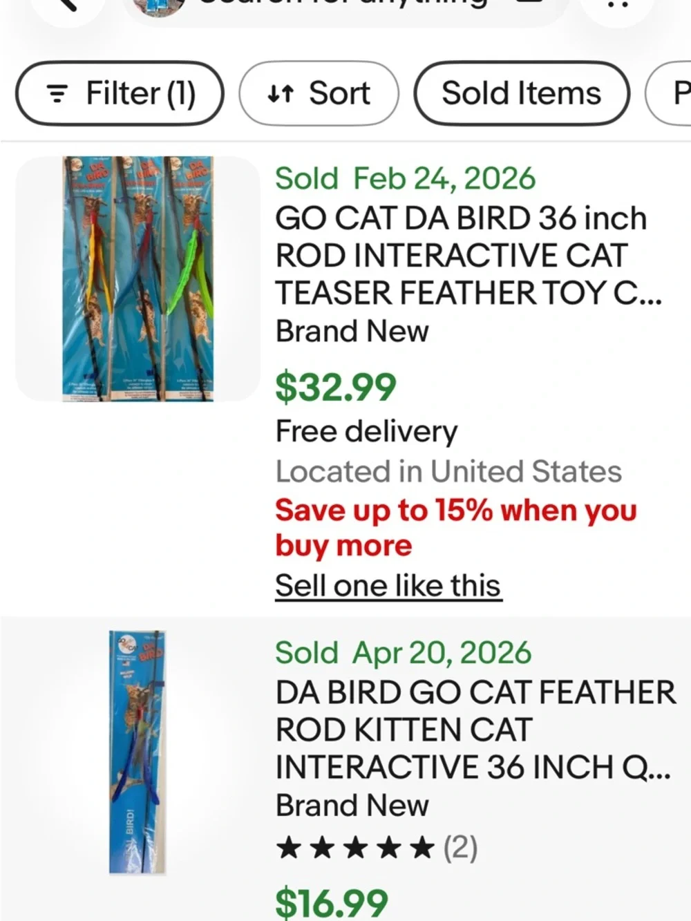 GO CAT DA BIRD FEATHER WAND ROD INTERACTIVE TEASER TOYS 36” NIP 1 blue & 1 green